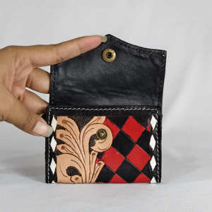 Portefeuilles-bracelets en cuir véritable à carreaux, faits main et gravés, style Cowgirl Premium 2026 – Pochette florale en cuir véritable avec porte-cartes - Product Image 3