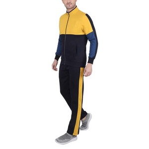 Survêtement jaune pour homme avec blocs de couleur, fermeture éclair intégrale, col montant, coupe décontractée, en polyester et coton, pour l'automne, avec poche latérale - Product Image 1