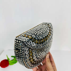 Antique Style Gold <b>Silver</b> Polka Dot Clutch Modern Polished Sculpture Shoulder Purse with Elegant Metal Frame for Bridal Use - Product Image 3