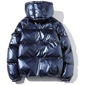 Veste matelassée à capuche unisexe noire, fermeture éclair, coupe-vent, vêtement d'hiver décontracté, rembourrage épais en polyester, couleur unie, coupe régulière - Product Image 2