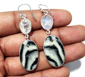 Natural Zebra Jasper & Rainbow Moonstone Oval Cut Silver Plated 925 Sterling Silver Handmade Drop <b>Earrings</b> for Women/Unisex - Product Image 1