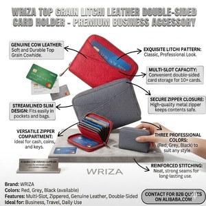 Wriza Top Grain Litchi Pattern Cowhide Leather Double Sided Card <b>Holder</b> Zipper Coin Purse Compact Credit Card Case for Women Men - Product Image 2