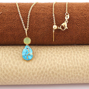 Hypoallergenic necklace prehnite chalcedony <b>with</b> mohave blue copper turquoise bezel set pendant 18k gold plated brass necklace - Product Image 2