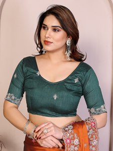 NiMa Creations Traditional Indian Silk Saree Embroidered Border Orange <b>Green</b> Blouse Wedding Party Wear Women Regular Fit Floor - Product Image 3