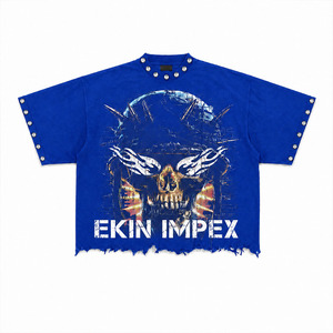 Camiseta Personalizada Extra Grande con Gráfico de Calavera Azul para Hombre, Estilo Urbano, de Algodón, con Mangas con Remaches y Dobladillo Desgastado - Product Image 1