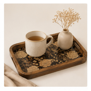 Plateau de service artisanal en bois de manguier avec motif floral doré, plateau décoratif en bois pour le thé, le café et les collations, pour la maison et l'hôtel - Product Image 3