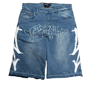 Mens Blue Solid 100% Cotton Eco-Friendly Training Canvas <b>Jean</b> Shorts Embroidered Baggy High Waist - Product Image 1