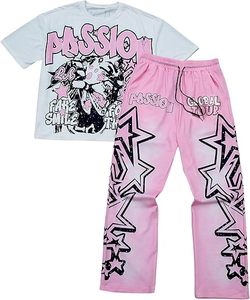 Conjunto de Camiseta para Hombre Estilo Urbano Passion, Estampado de Estrellas Rosas, Algodón y Spandex, Cuello Redondo, Tejido de Punto, Atuendo Casual de Verano - Product Image 1