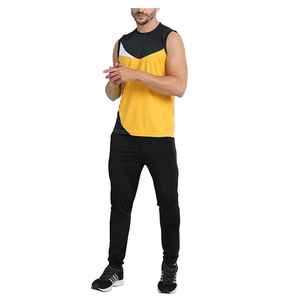 Débardeur sans manches pour homme, col rond, design géométrique, séchage rapide, coupe sportive, jaune et noir, en polyester tricoté - Product Image 1