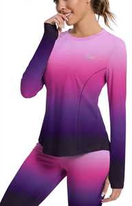Haut court à manches longues pour femme, col rond, 100 % coton respirant, dégradé violet, impression en relief, style sportif - Product Image 5