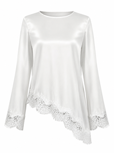 Women's Satin Lace Trim Blouse Long Sleeve Asymmetrical Hem Elegant Loose Fit Casual Fashion <b>Top</b> - Product Image 6