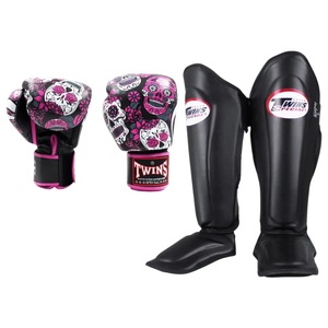 Twins Muaythai Kickboxing Set FBGVL 3 Skull Design , Wholesale Price Premium Leather Boxing Gloves and Shin Pad Guard - Product Image 1