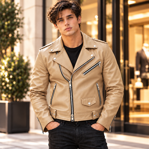Blouson de motard en cuir de vachette beige pour homme, coupe ajustée, style vintage punk rock, avec fermeture éclair - Product Image 1