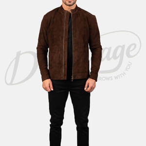 Chaqueta de cuero de gamuza marrón premium para hombre, corte ajustado, cuello alto, chaqueta clásica con cremallera, chaqueta ligera para otoño - Product Image 5
