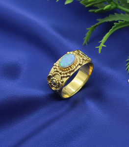 925 Sterling Silver Australian <b>Opal</b> <b>Ring</b> Vintage Floral Carved Pattern <b>Gold</b> Yellow <b>Gold</b> Plated Handmade Jewelry Gift for unisex - Product Image 2