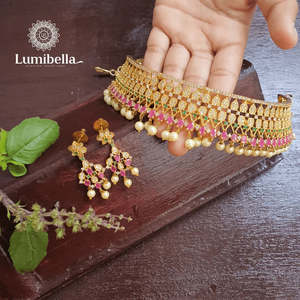 American Diamond Gold-Plated Brass Choker Necklace with Zircon and Pearl for Wedding - Product Image 1