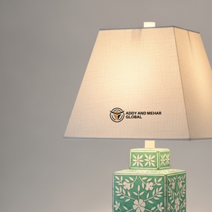 Lanterne de table artisanale en os vert incrusté, motif floral, lampe décorative de chevet carrée de luxe avec abat-jour en tissu pour la maison - Product Image 3