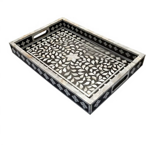 Handcrafted Black Tray Mother of Pearl Inlay, Floral Design | Geometric Floral Serving Decor | Decorative Artisan Serving| MOP - Product Image 1