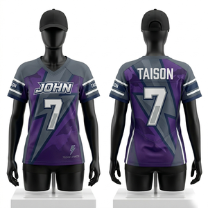 เสื้อฟุตบอลอเมริกันหญิง 180 GSM โพลีเอสเตอร์พรีเมียม สีม่วงเทา แผงตัดต่อสีตัดกัน ระบายความชื้นได้ดี สกรีนโลโก้ตามสั่ง - Product Image 1