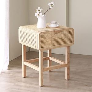 Elegante Mesa de Noche de Ratán Estilo Bohemio, Diseñada con Estructura de Madera Maciza y Acabado Tejido Natural - Product Image 1