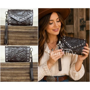 Vintage OEM ODM Wholesale Hand Tooled Cow Leather Wallet Stylish Floral Pattern <b>Wristlet</b> Clutch Credit Card Holder for Women's - Product Image 1