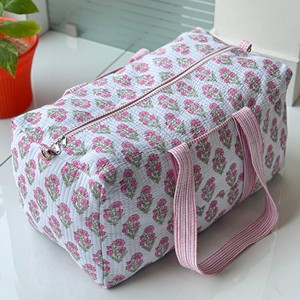 Floral Print Cotton <b>Duffel</b> <b>Bag</b> With Zipper Closure Large Capacity Weekender Travel <b>Bag</b> Pink Striped Handles - Product Image 1