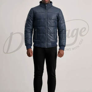 Chaqueta de Cuero Azul Marino Premium para Hombre, Ajustada, con Cuello Alto, Acolchada, de Invierno, Chaqueta Bomber de Cuero Sintético - Product Image 4
