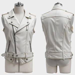 White Leather Biker Vest Men's <b>Punk</b> Rock Motorcycle Gear - Product Image 3