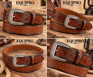 Ceinture en cuir véritable façonnée à la main Equipro Western avec boucle ardillon en alliage argenté, solide, durable, décontractée, pour homme, finition artisanale, écologique - Product Image 3