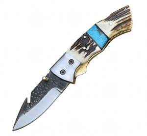 Couteau utilitaire compact à ouverture manuelle avec manche en corne de cerf et incrustation turquoise sur le dos - Product Image 2