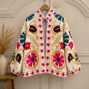 Rajasthani Textile Sujani Embroidery Floral <b>Winter</b> Autumn Long Stand Collar Velvet Polyester/Cotton 300 Grams Full Sleeve <b>Jacket</b> - Product Image 1