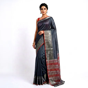 Sari de Seda Bordado para Mujer, Diseño Indio, Color Rojo, Listo para Usar, Estilo Mysore, Diseño Bollywood, Origen Bengala Occidental, Para Todas las Temporadas - Product Image 1