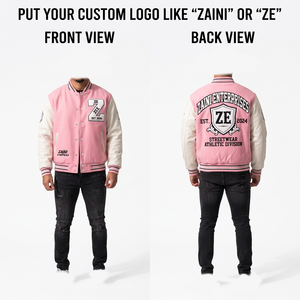 Veste varsity ZAINI Premium 450 GSM en mélange de laine coupe-vent rose avec manches en cuir PU, logo brodé personnalisé sur le devant/le dos - Product Image 1