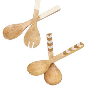 Ensemble de 2 cuillères et fourchettes à salade en bois naturel avec manche blanc design pour table à manger - Product Image 1