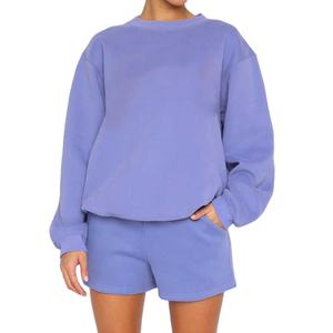 Ensembles de vêtements de détente personnalisés pour femmes, ensembles de sweat-shirts et shorts en molleton vintage surdimensionné, lavage à l'acide, pour femmes 2026 - Product Image 1