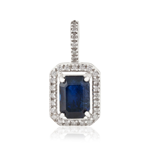 OEM ODM Prong Set 7x5 mm Octagon Cut Blue Sapphire & Diamond Halo <b>Pendant</b> <b>Solid</b> 14K White <b>Gold</b> Mother's Day Gift Fine Jewelry - Product Image 1