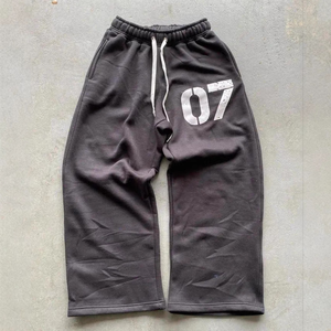Custom <b>Mens</b> Dark Grey Graphic Wide Leg Sweatpants Drawstring <b>Elastic</b> <b>Waist</b> Open Bottom Fleece <b>Trousers</b> Wholesale - Product Image 2