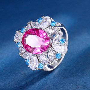 Parure de bijoux de luxe pour femme, collier, boucles d'oreilles et bague avec pendentif fleur en pierre précieuse fuchsia brésilienne et zircon cubique bleu glacé, idéale pour mariage - Product Image 6