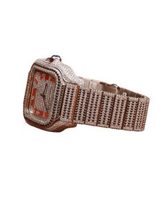 Montre-bracelet rectangulaire en diamant avec lunette ornée, cadran étincelant, chiffres romains rouges, couronne en pierres précieuses, artisanat élégant - Product Image 3