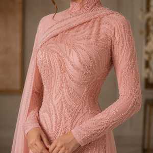 Robe de soirée de luxe rose poudré perlée avec manches cape, robe de créateur modeste, style Abaya islamique, caftan - Product Image 4