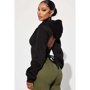 <b>Women's</b> <b>Black</b> Cropped Hoodie With Drawstring Regular Sleeve Knitted <b>Sweatshirt</b> Solid Color Autumn Wear - Product Image 2