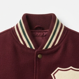 <b>Men's</b> Maroon Varsity <b>Jacket</b> With Cream <b>Leather</b> Sleeves And Shield Patch Preppy Style Turn-down Collar Button Closure Autumn Wear - Product Image 5