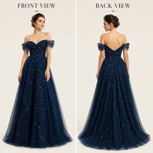 Robe de bal bleu marine luxueuse à épaules dénudées, robe de soirée en tulle ornée d'étoiles |   Tenues de soirée formelles pour femmes |   OEM Inde 2026 Pr - Product Image 4