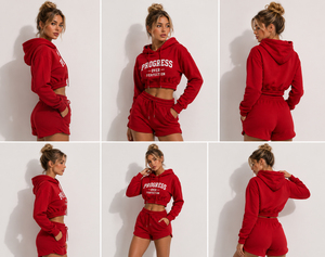 Ensemble sweat à capuche court et short à cordon de serrage pour femme, en molleton bouclette, idéal pour l'automne et la gym - Product Image 3
