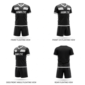 Ensemble de maillot de football pour homme Hawk Eye, noir et blanc, col en V, manches courtes, 100% polyester, évacuation de l'humidité, extensible dans quatre directions, personnalisable - Product Image 1