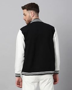 <b>Men's</b> Black <b>White</b> Varsity <b>Jacket</b> Letter R Print Preppy Style Regular Fit Polyester Material Turn-down Collar Single Button - Product Image 5