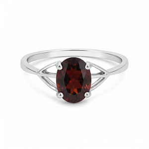 Rhaya Jewels Classic Rhodium Plated 925 Sterling Silver Oval Cut Garnet Prong Setting <b>Dainty</b> Band Women's Anniversary <b>Ring</b> - Product Image 1
