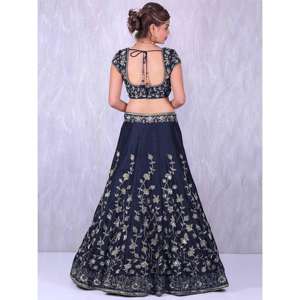 Banglory bleu marine soie Lehenga Choli avec appliques broderie travail vêtements indiens et pakistanais - Product Image 5