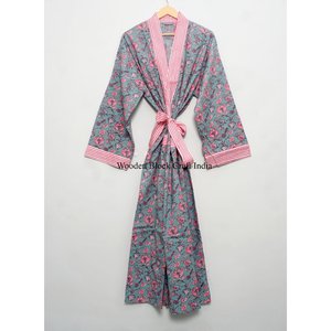Peignoir Kimono pour femme, 100% coton, doux, imprimé numérique, col en V, longueur intégrale, manches longues, respirant, séchage rapide, été - Product Image 1
