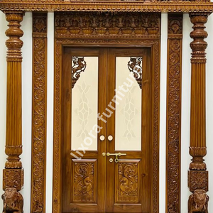 Porte d'entrée principale double en bois massif, artisanale de luxe, avec sculptures florales ornementales, de qualité supérieure - Product Image 4